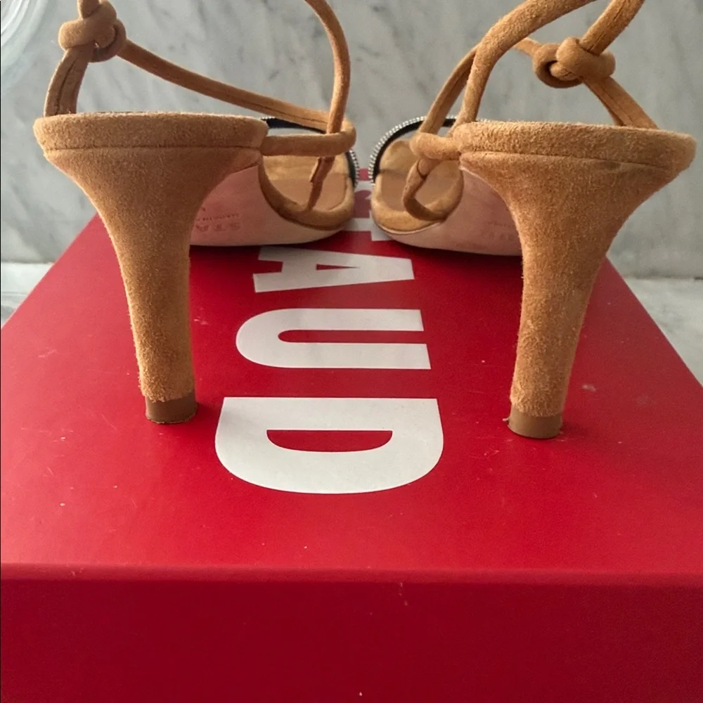 STAUD Tan Suede Strappy Heeled Sandals Rhinestone laurel Crystal heel size 38.5 - Picture 2 of 16